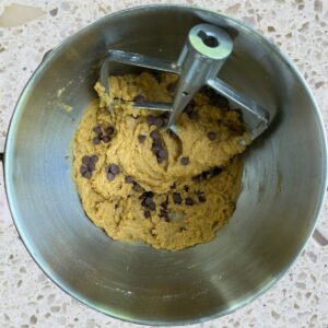 dairy free chocolate chip cookie dough in stand mixer bowl with paddle