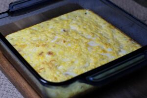 easy high protein breakfast egg bake in baking dish