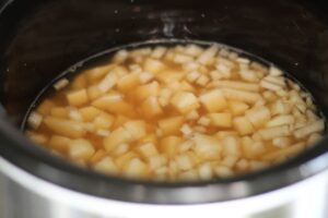chicken broth covering diced potatoes and onions in crockpot