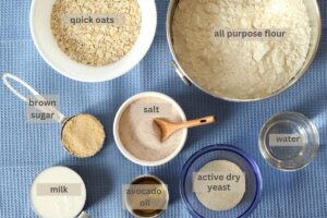 ingredients set out for oatmeal bread dough made in a bread machine