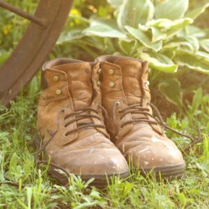 old boot sitting outside in grass