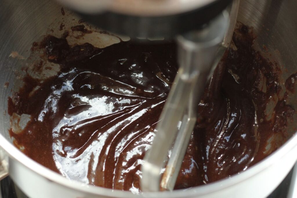 brownie batter in stand mixer bowl