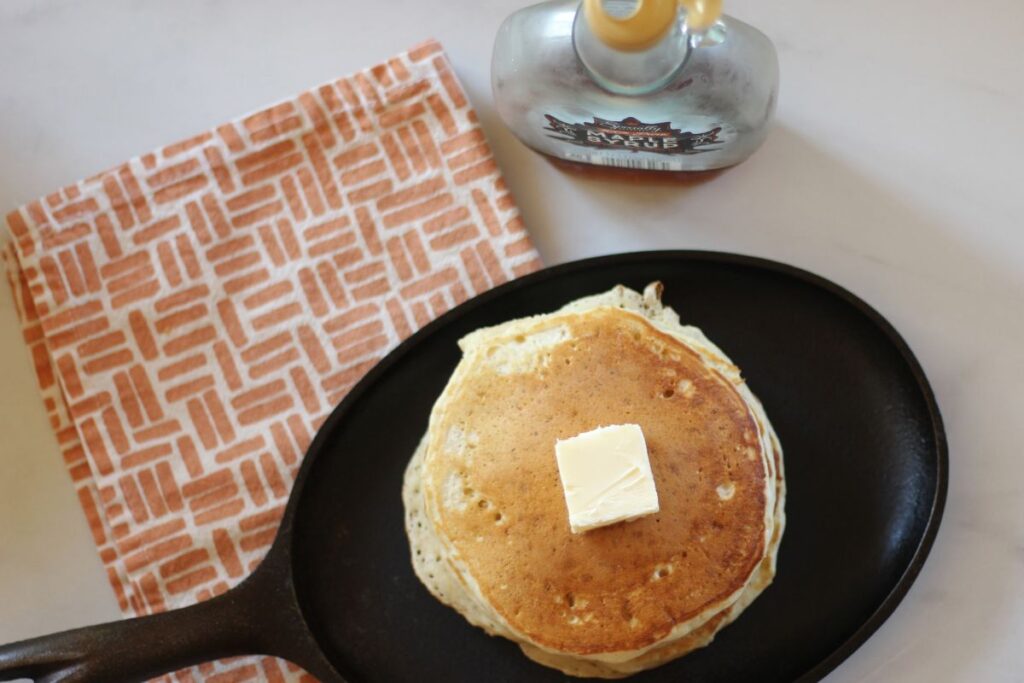 IHOP style pancakes on a cast iron skillet