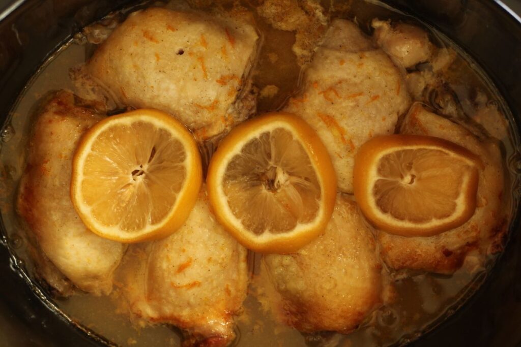 cooked citrus & herb chicken thighs in crockpot
