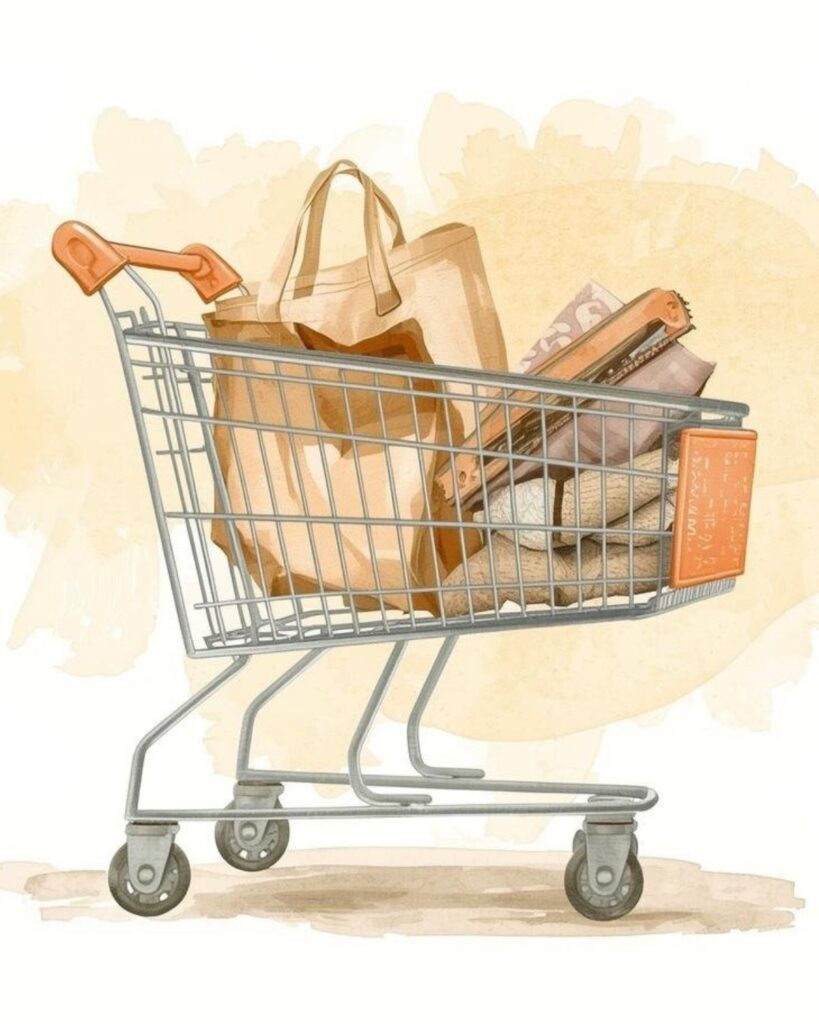watercolor graphic of grocery cart with empty grocery bags inside