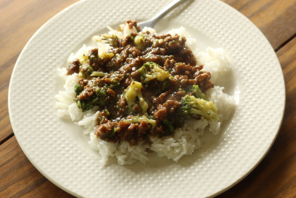 easy beef & broccoli stir fry on a plate with a fork